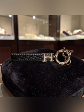 Black Vegan Leather Keychain with Gold Tone Crystal Accent